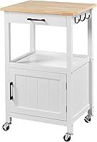 Yaheetech Rolling Kitchen Island Cart with Storage Drawer, 6 Hooks, Lockable Wheels & Wood Top - White Microwave Stand