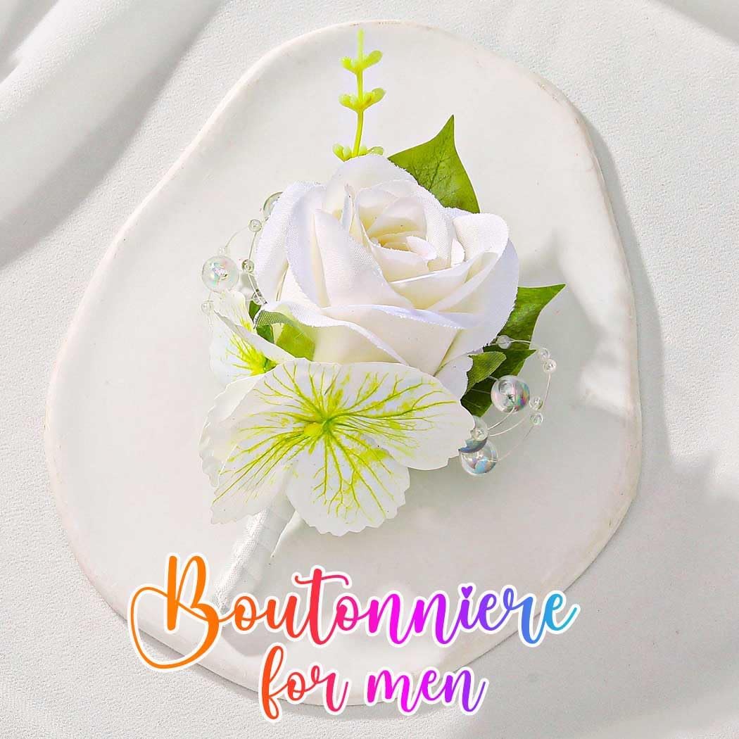 Wedding Flower Boutonniere Groom Rose Buttonholes Prom Suit Decoration for Men (White) image 5