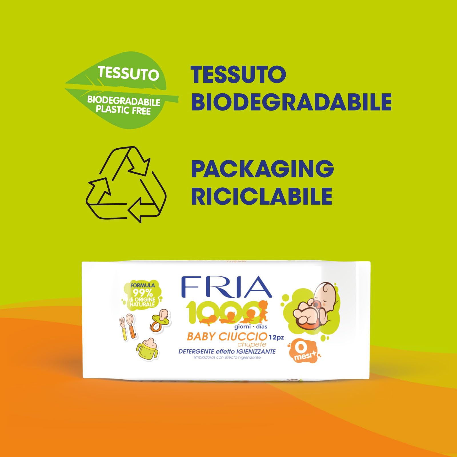 Fria Baby Ciuccio Salviette Pulisci Ciuccio Biberon Tettarelle Azione Igienizzante 99% Origine Naturale Confezione Borsa 12 Salviette