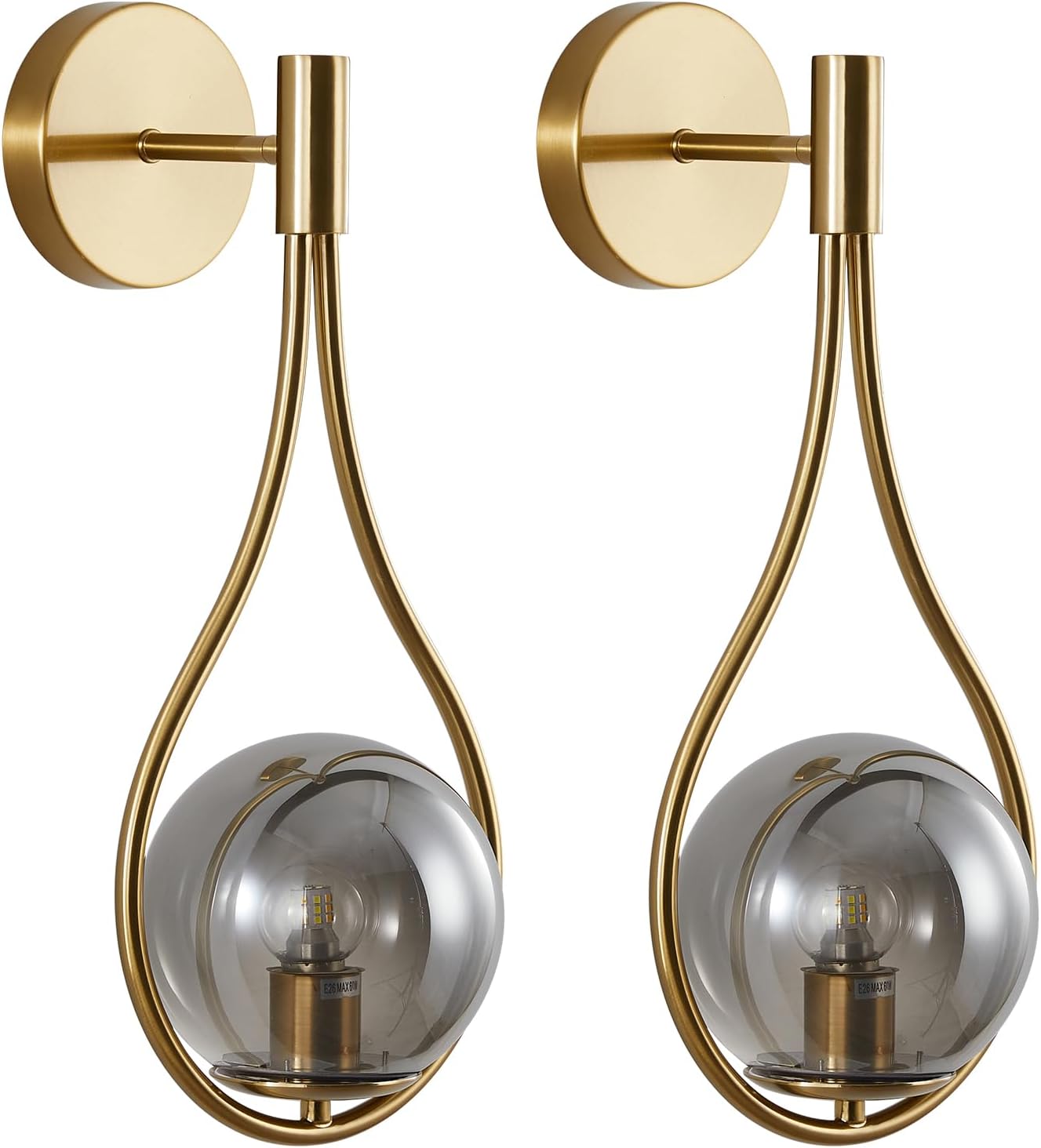 Modo Lighting Glass Ball Wall Sconce Plug in Mid Century Modern Drop Design Wall Light Brushed Brass Gold Wall Lamps for Bedside Living Room (with Plug in 2 Pack)