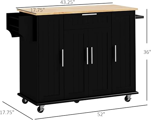 Miniatura 7 de HOMCOM Isla de cocina sobre ruedas, carrito de cocina rodante con parte superior de madera de caucho, cajón, estante para especias, toallero,