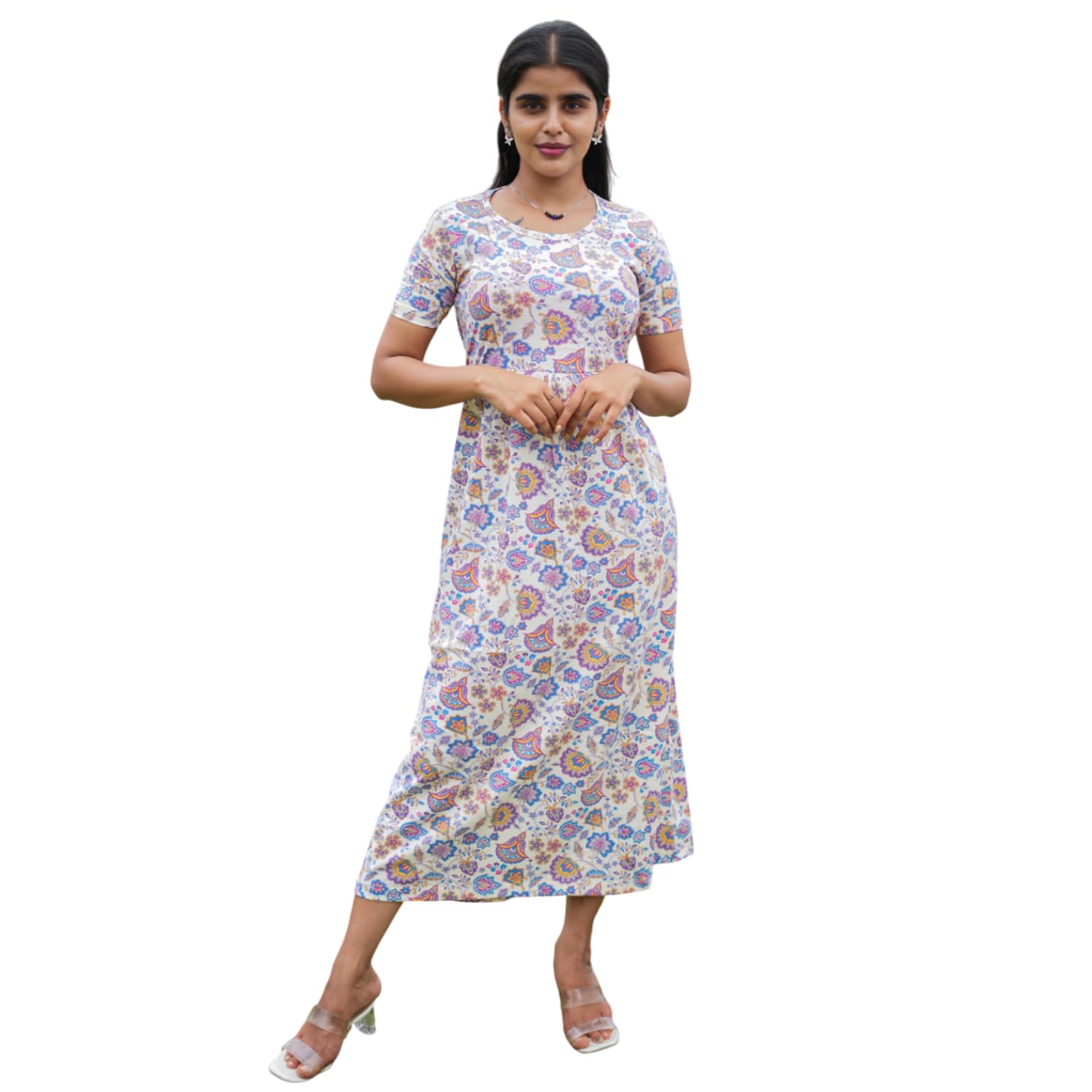 Yazh Clothing Maternity Dress for Women Soft Feel Adjustable Back Rope Pregnancy Wear with Pockets | Relax Fit Casual Lounge Dress - Half White Purple - XL-image-26
