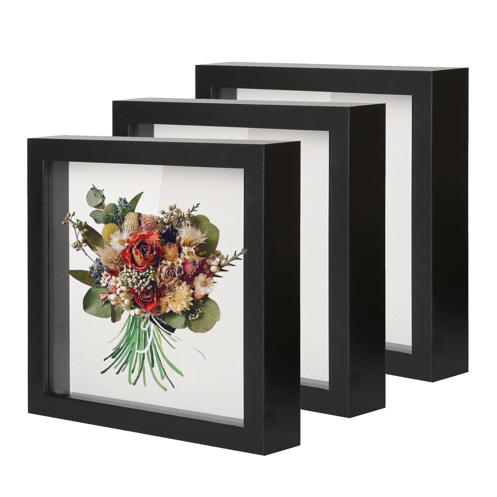 Muzilife Shadow Box Picture Frame with Linen Board Deep Wood Glass Display Case Ready to Hang Memory Box Baby Sports Memorabilia, Pins, Awards, Medals, Wedding, Tickets and Photos (Black, 3Pcs 8x8)