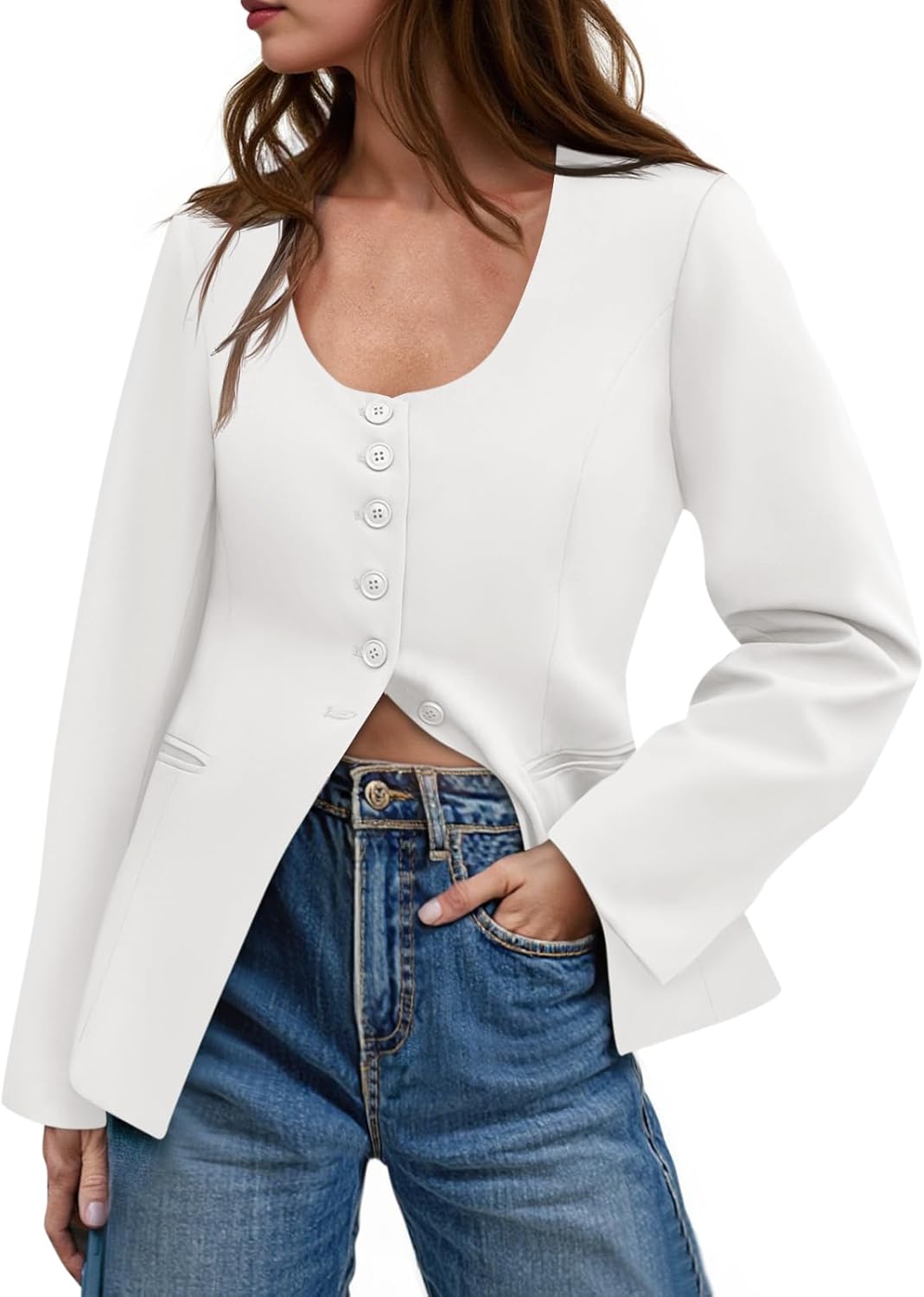 Cicy Bell Womens Business Work Casual Blazers Button Down Scoop Neck Split Hem Fitted Suit Jackets