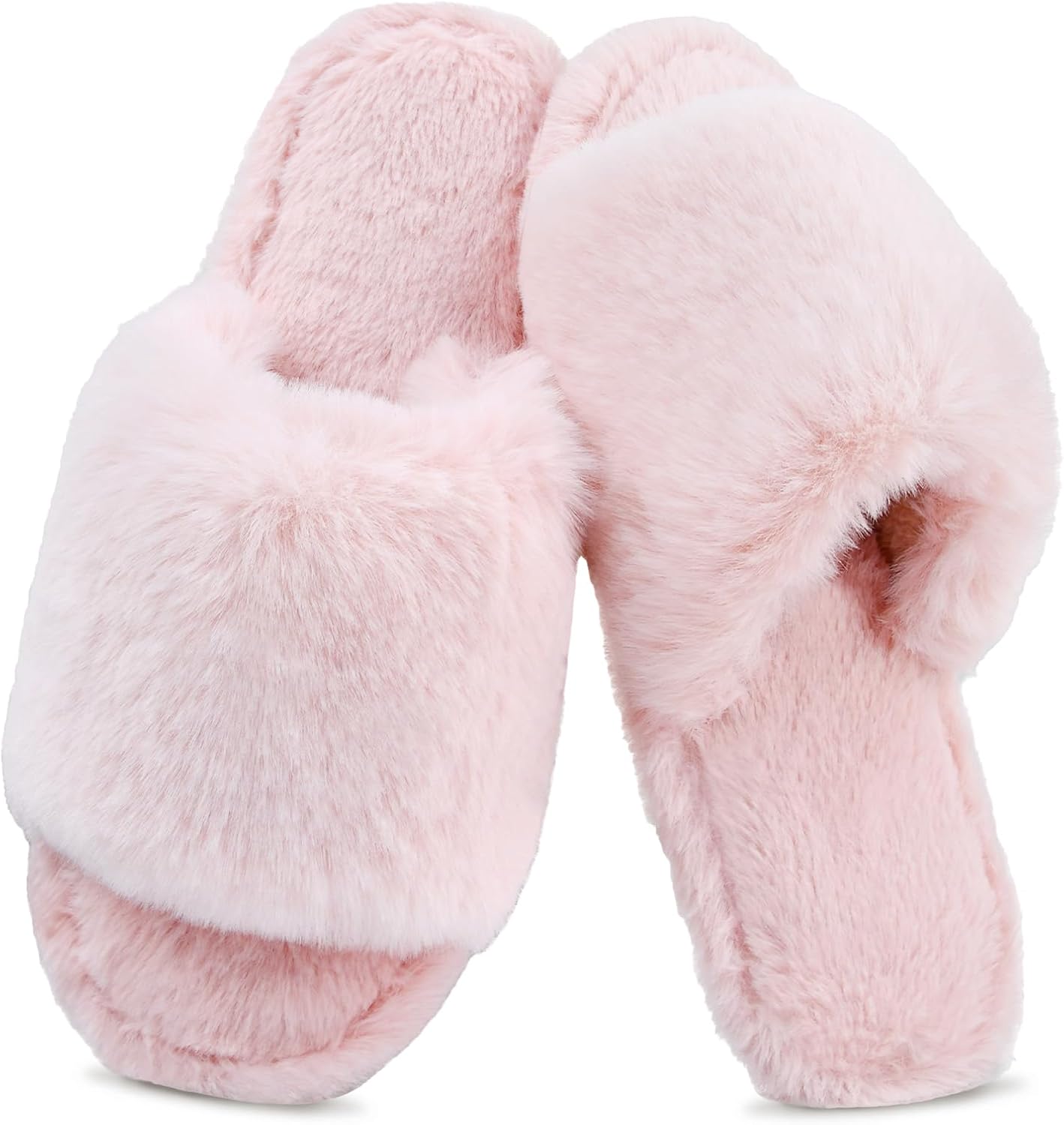 Rosoz Women's Soft Plush Fuzzy Slippers Memory Foam Anti-Skid Thin Sole House Bedroom Shoes Indoor Outdoor Open Toe Sandals