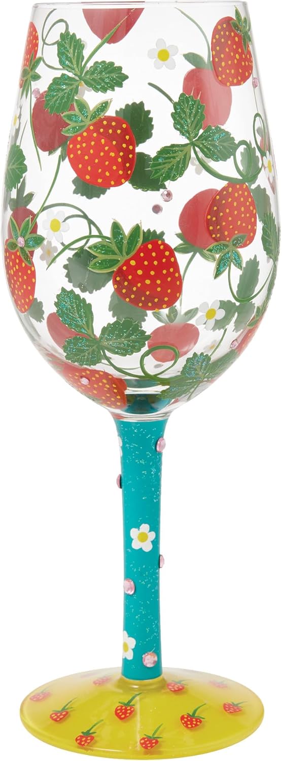 Enesco Lolita Designs Strawberry Patch Hand-Painted Artisan Wine Glass, 15 Ounce, Multicolor