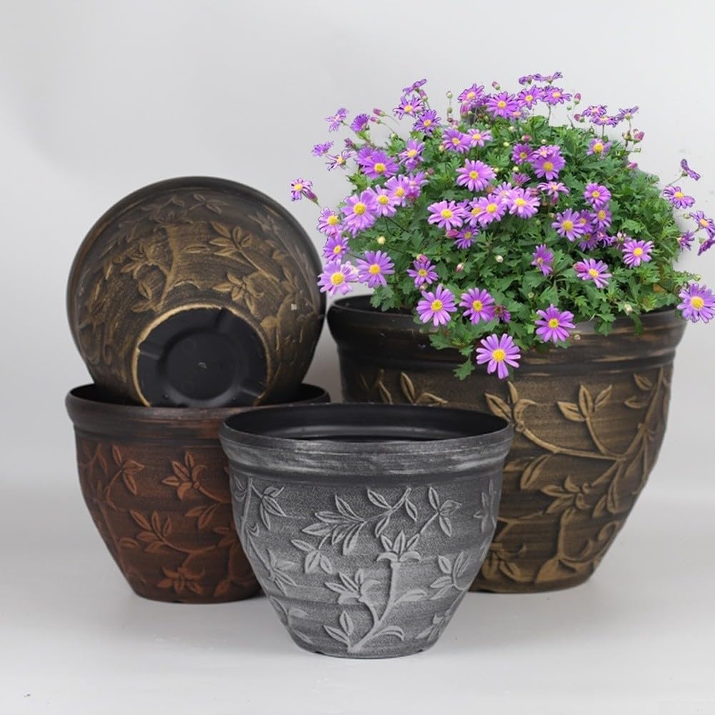 Elegante vaso in resina goffrata con vassoio abbinato per giardino, balcone, ufficio, decorazione a lunga durata, con sistema di drenaggio (G)
