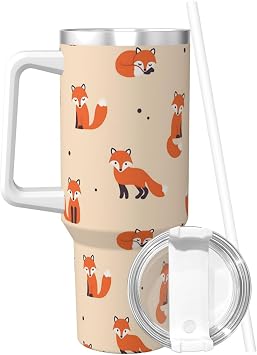 PTONUIC Vintage Cute Little Red Fox 40 oz Tumbler with Handle and Straw Lid | Insulated Cup Reusable Stainless Steel Water Bottle Travel Mug Cupholder Friendly | Gifts for Women Men Him Her