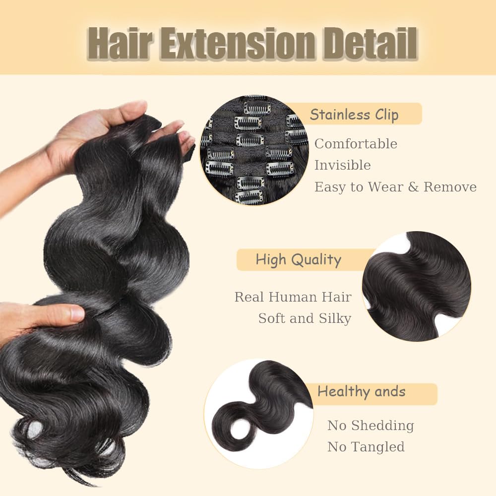 Extension per capelli ondulati con clip, capelli brasiliani, non trattati, capelli vergini brasiliani, #1B, nero naturale, 7 pezzi, 120 g, con 16 clip per set, per donne, 50,8 cm