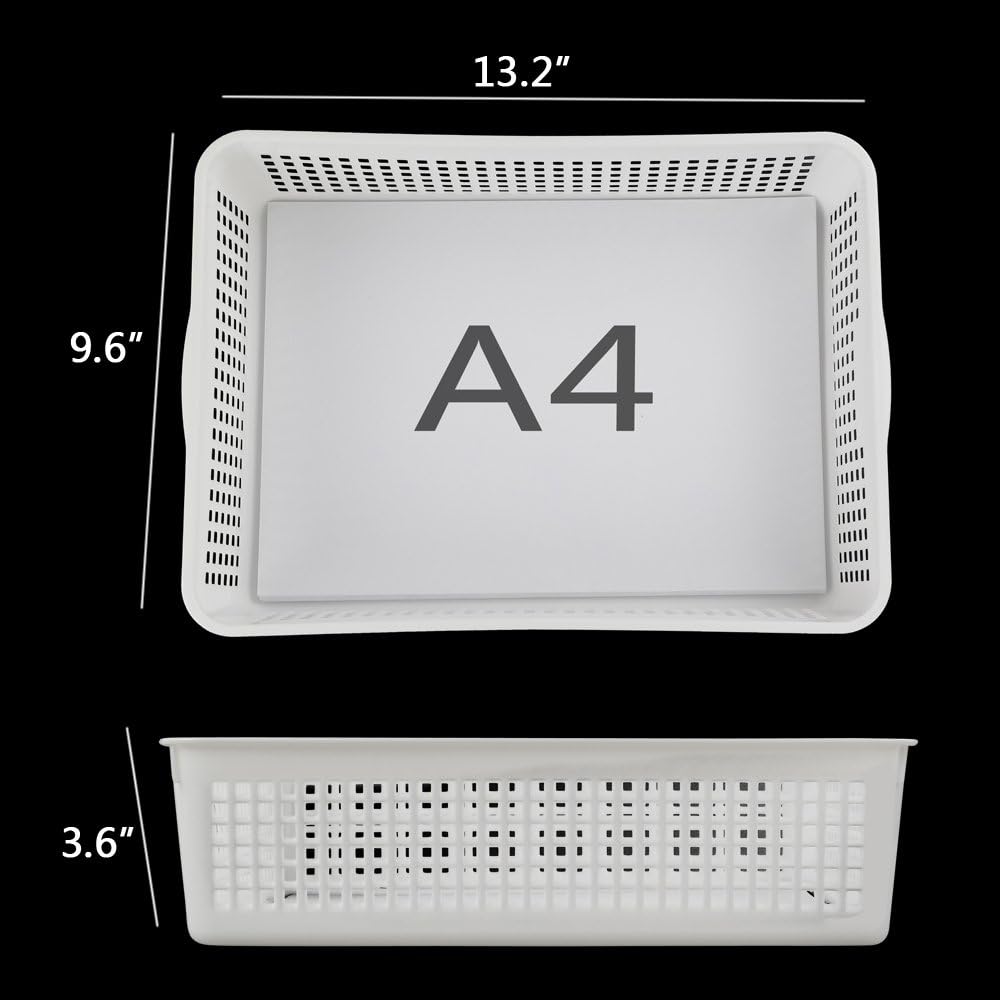 Plastic Storage Trays Baskets/Organizing Baskets, 13.2 Inches x 9.6 Inches x 3.6 Inches, Set of 6 (White)