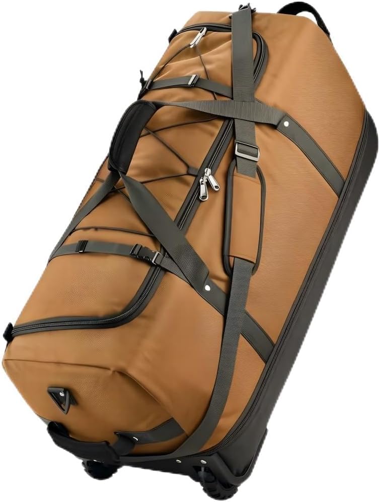 Rolling Duffle Bag with Wheels,110L/140L Expandable Soft-Sided Foldable Duffle Bag with 2 Rubber Wheels,Packable 32” Rolling Carry-On with Multi-Pockets & Compartments,(brown)