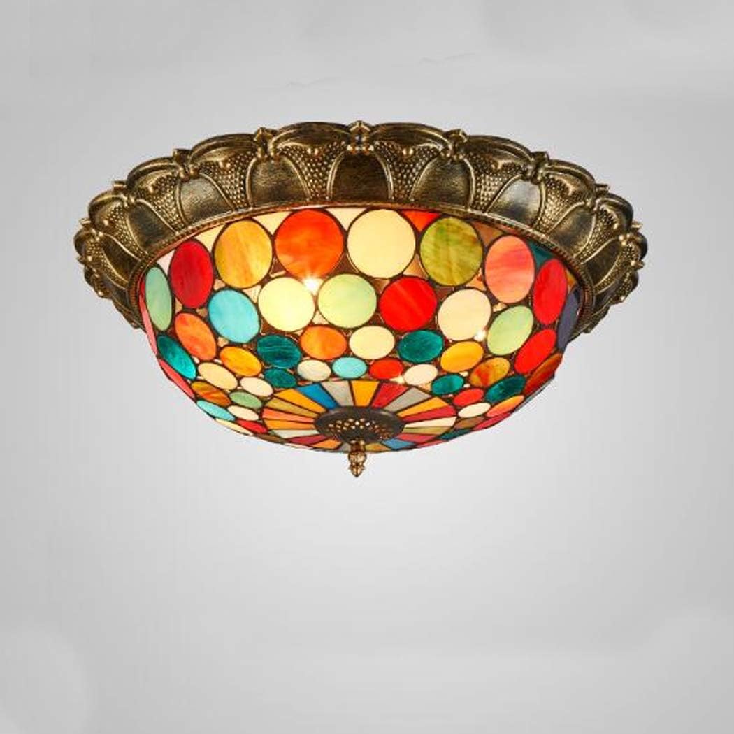 Tiffany Style Ceiling Lamp 21 Inch Multicolor Round Stained Glass Art Shade Ceiling Light Flush Mount Fixtures Light Warm Light for Hotel Bar Corridor Living Room