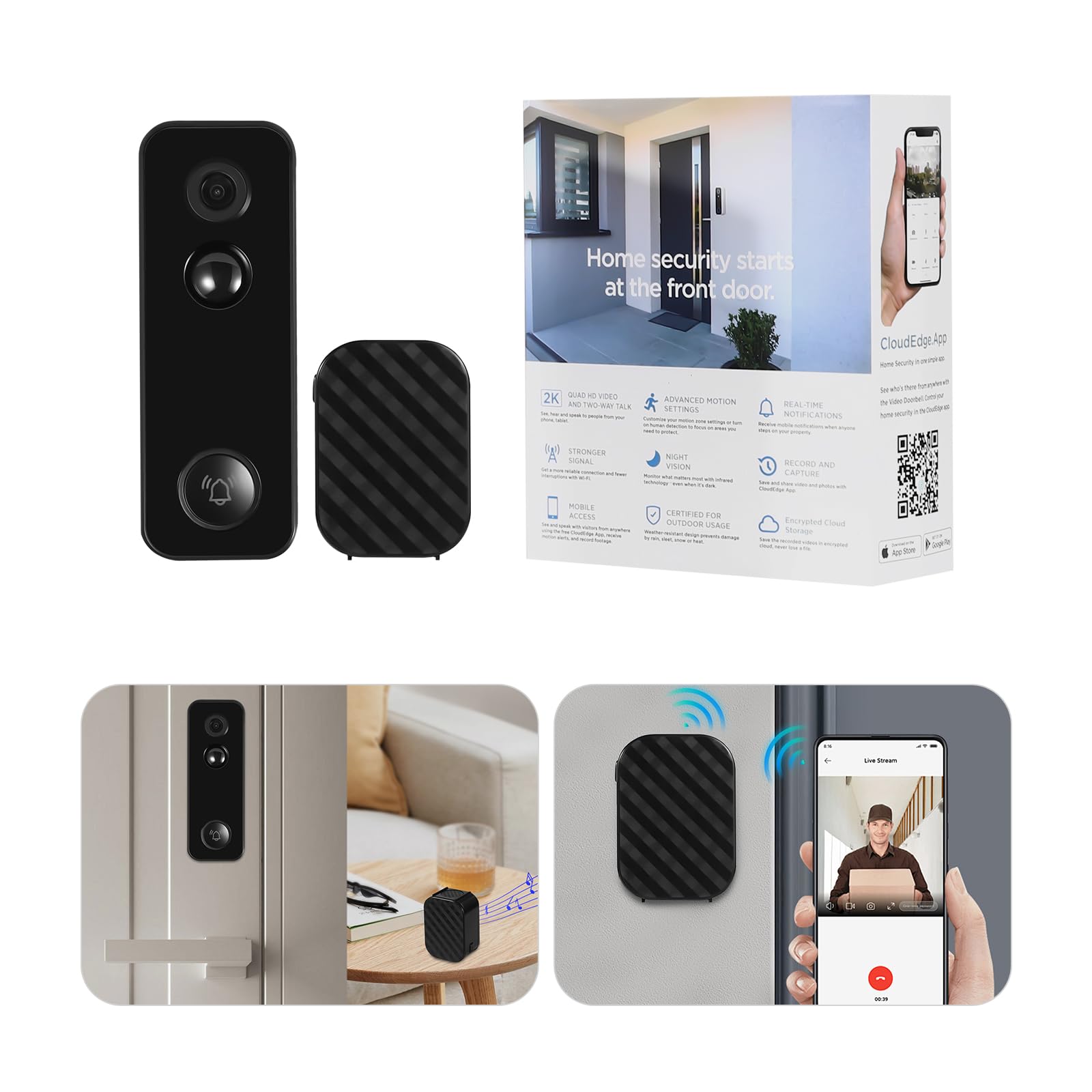 Timbre de puerta inteligente con cámara gran angular de 3 MP, 110°, volumen ajustable y varios tonos de llamada, compatible con memoria SD y nube, WiFi, 5200 mAh, resistente al agua