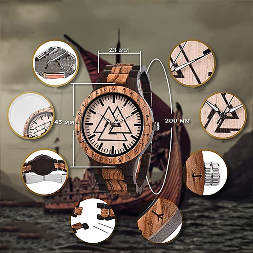 Orologio da Uomo in Legno con Rune Vichinghe con Catena alla Moda E Cinturino da Polso Regolabile con Incisione A Mano in Confezione Regalo