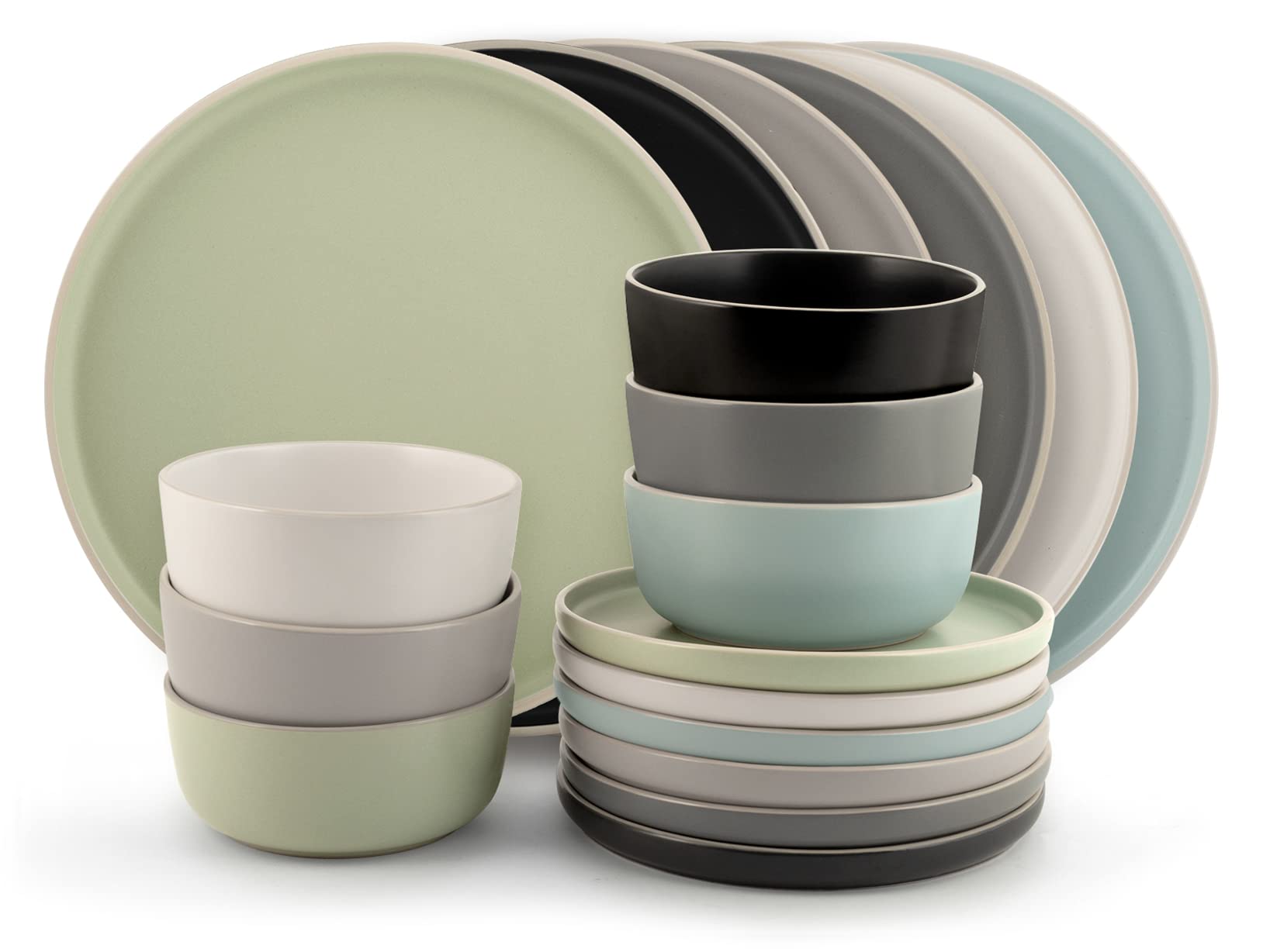H&H Servizio Tavola Bergen 18 Pezzi in Stoneware Opaco – Piatti Piani, Fondi e Frutta – Lavabili in Lavastoviglie e Adatti al Microonde – Design Moderno, Colori Naturali