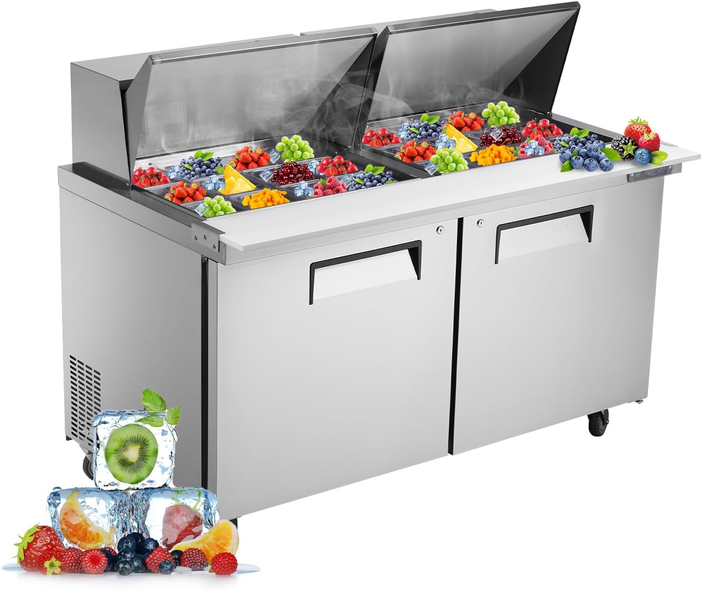 JINSONG 60″ Refrigerator Sandwich & Salad Prep Table, Stainless Steel Refrigerated Food Prep Station, 16.4 cu. ft with Cutting Board and 16 Pans for Restaurants, Bar, Shops, etc