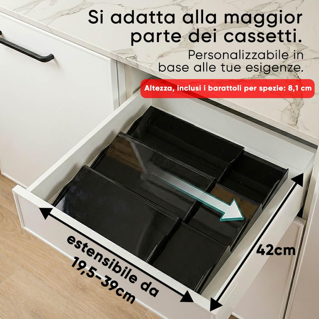 Deco haus® Cassetto portaspezie in plastico [CON 24 BARATTOLI PER SPEZIE ED ETICHETTE] - Organizer Spezie - Portaspezie Salvaspazio - Organizer Cassetti cucina