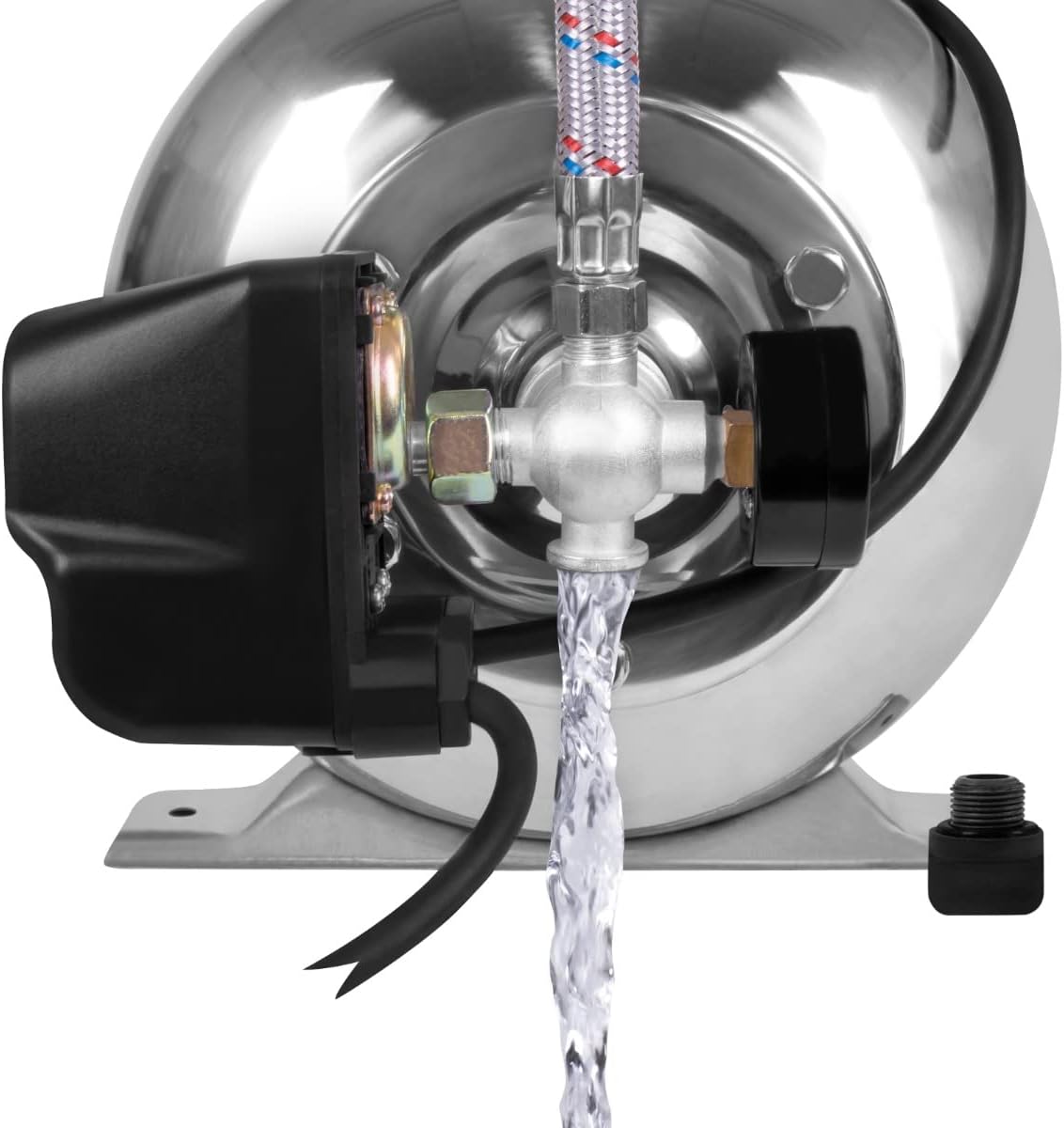 Close-up view of the pump's connections, showing the suction and pressure ports with hoses attached, and the pressure gauge.