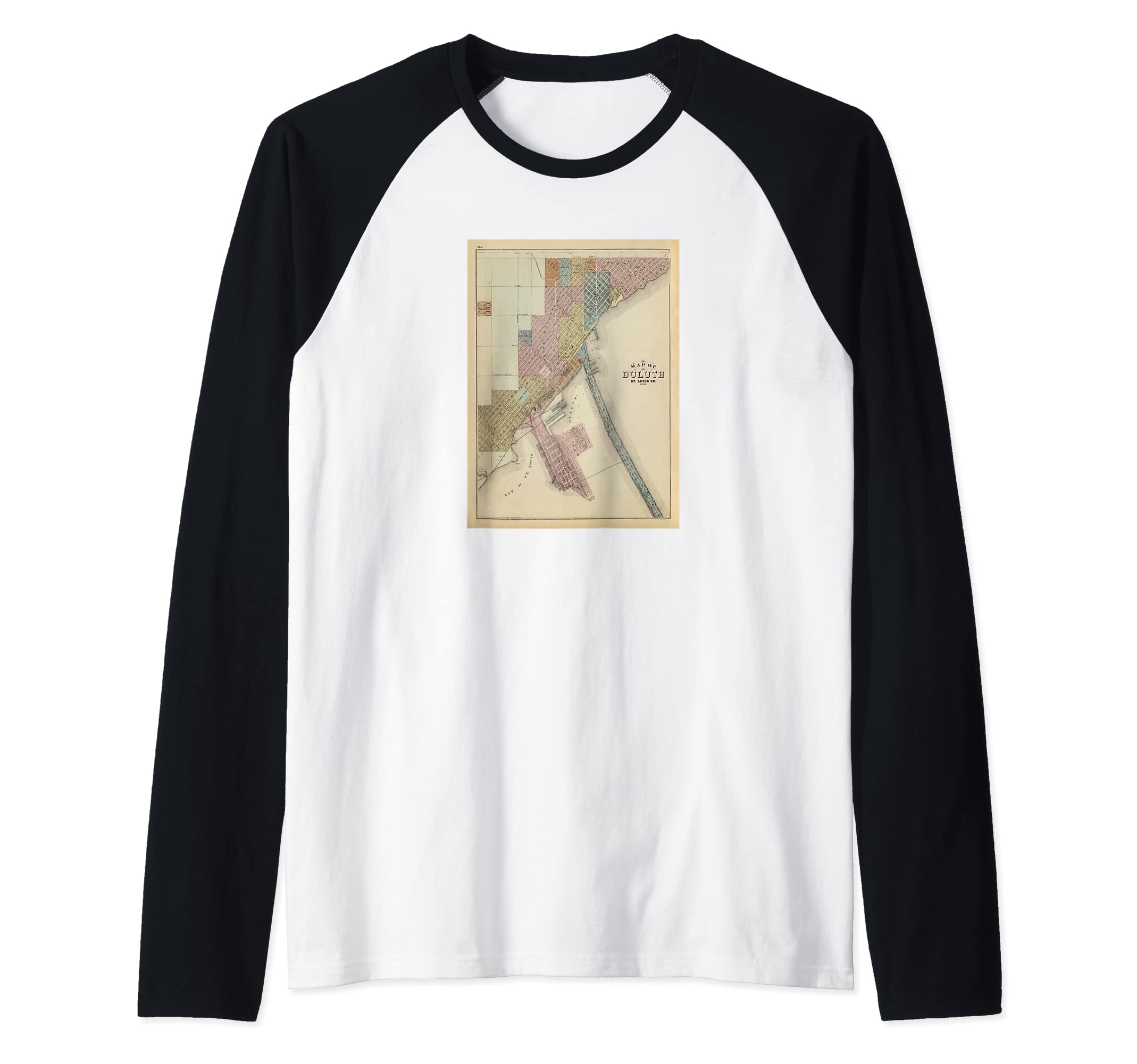 Vintage Duluth MN Map (1874) Raglan Baseball Tee