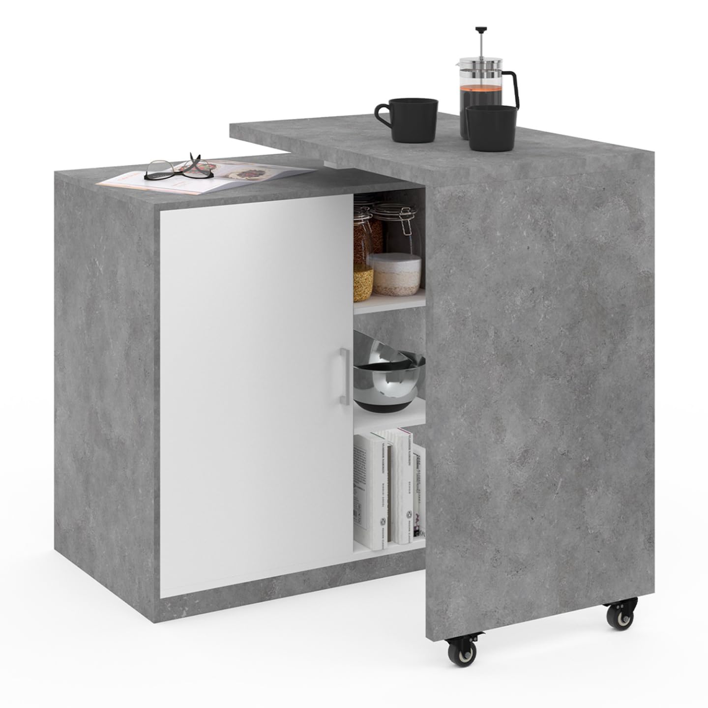 IDMarket - Ilot Rotatif Polo Meuble de Bar pivotant 2 en 1 Imitation béton Porte Blanche