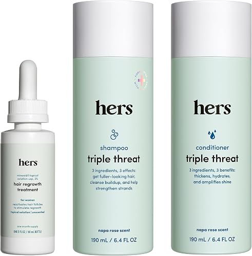 hers Triple Threat Shampoo, Conditioner, and 2% Minoxidil Set - Biotin, Saw Palmetto, & Pumpkin Seed Oil - Supports Hair Regrowth for Women - Color-Safe & Paraben-Free - Napa Rose Scent - 3 Count