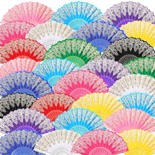 Geetery 50 Pcs Folding Chinese Hand Fan Bulk Different Flower Patterns Fabric Clacking Fans for Line Dancing for Popping Wedding Church Party(Gold Dust,Fresh)
