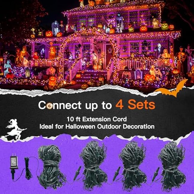 suddus 360 LED Halloween Net Lights, 12ft x 5ft String Lights with Remote, Waterproof Connectable Green Wire for Bushes, Trees, Halloween Decoration, Indoor Outdoor Party Yard Garden, Purple & Orange