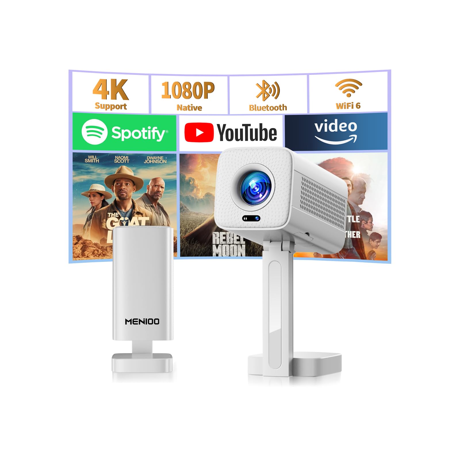 Mini Projector 4K 1080P Full HD, 2026 Upgraded Portable Projector [Built-in Apps & Auto Focus] with Auto Keystone and 90° Rotatable with WiFi 6 Bluetooth 5.4 with HDMI/TV Stick/USB/Laptop – White