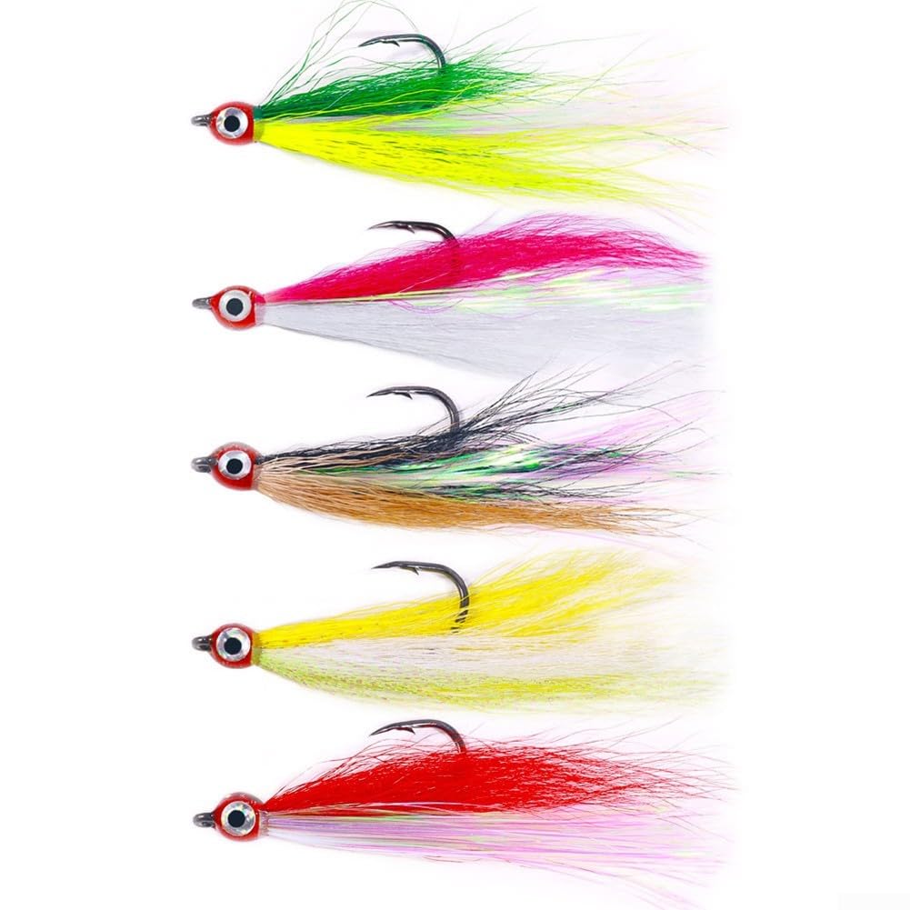 5 Individual Bucktail Teaser Hooks Each Equipped with Functional Fishing Eyes for Line Attachment Flexibility