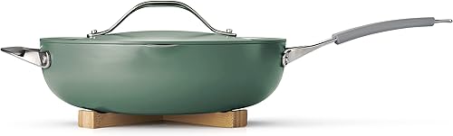 Vista 55 de Tramontina All-in-One Plus Pan Set, 5-Quart Ceramic Non Stick Cooking Pan with Lid, Steamer Insert, Bamboo Utensil and Trivet, Orange