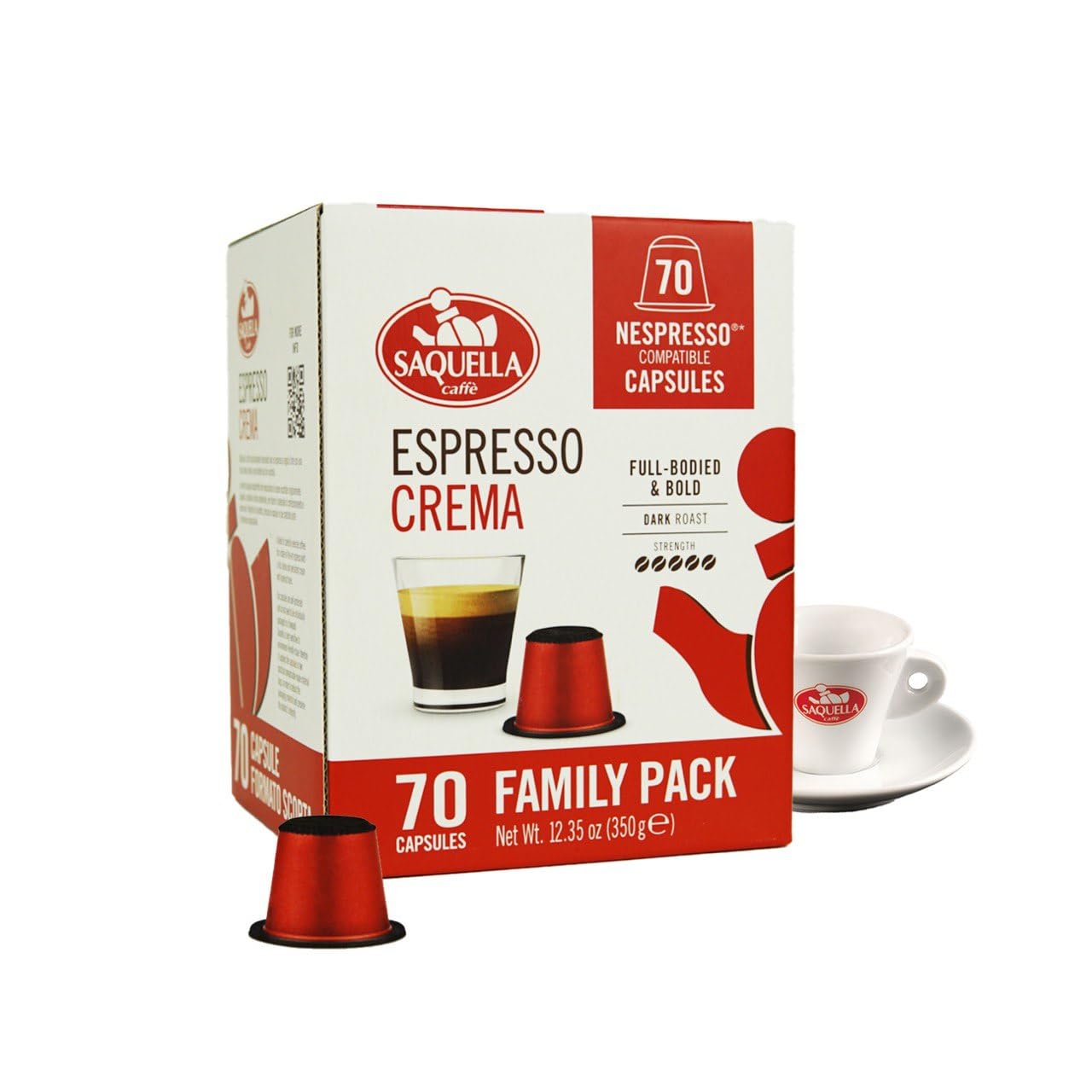 Saquella Espresso Crema Capsules, Full-Bodied & Bold Dark Roast, 70 Family Pack