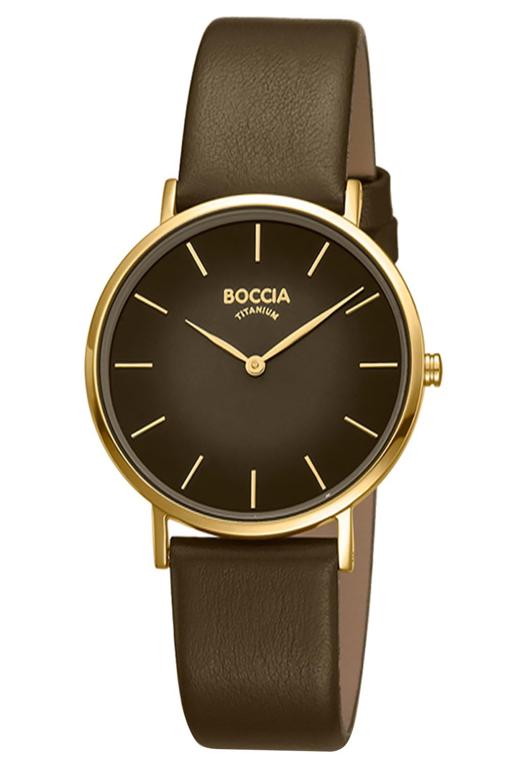 Boccia Titanium Damenuhr 3273-13 Titan gelbgoldplattiert 36 mm mit dunkelbraunem Zifferblatt, Quarz Armbanduhr mit Lederarmband braun, ultraflach ca 6 mm, wasserdicht 3 bar