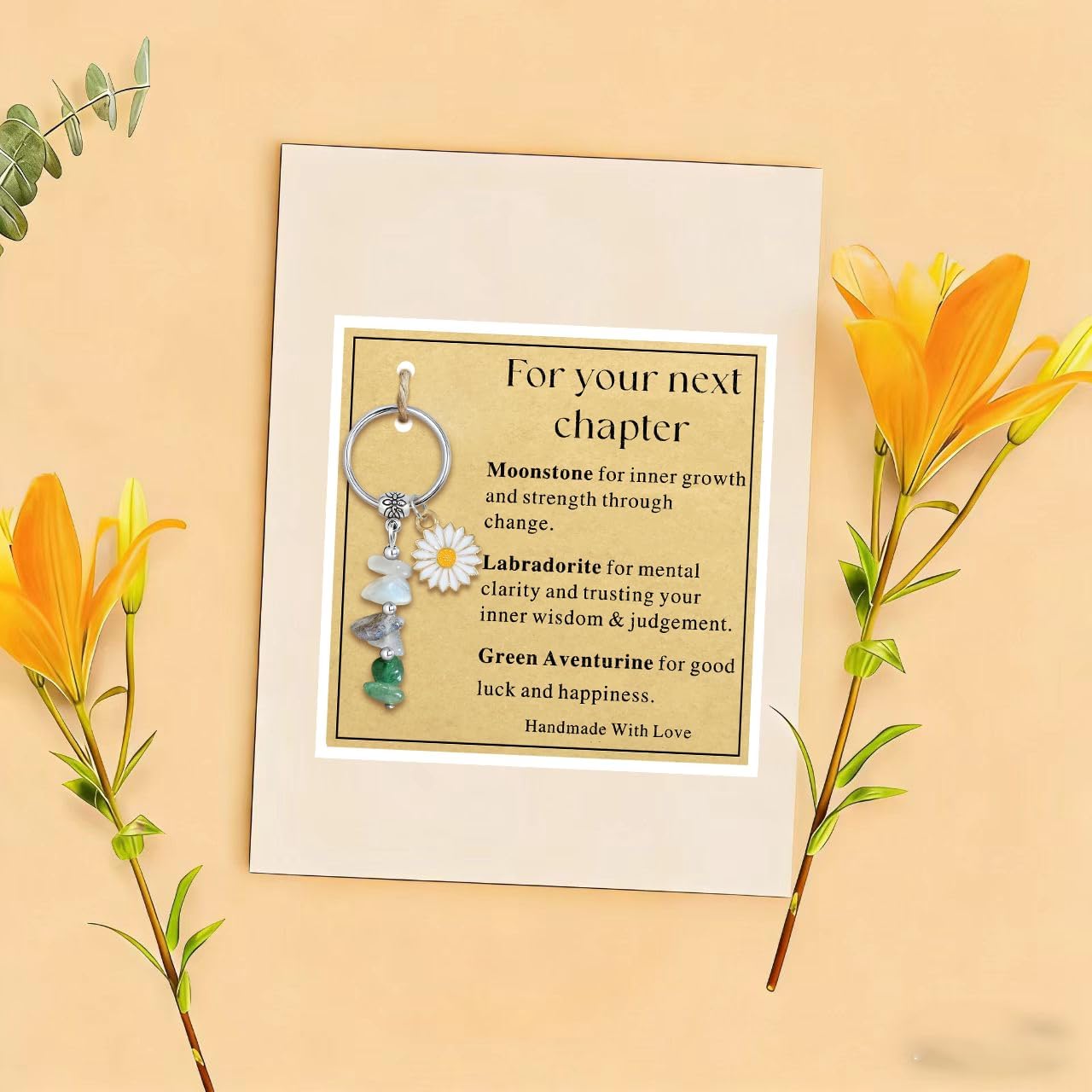 New Beginnings Crystal Keychain with Labradorite & Green Aventurine -Charm Inspirational Gift for Graduation, New Job image 2