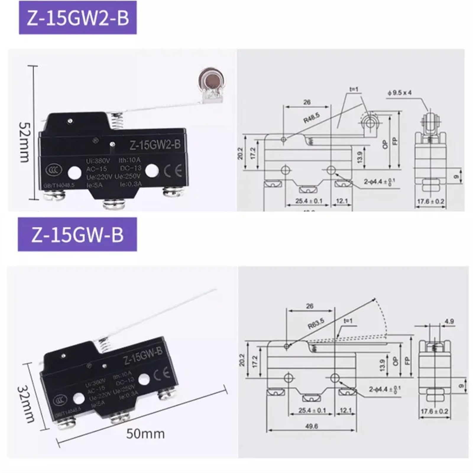 Microinterruptor de límite de recorrido Z-15GQ-B Z-15GW22-B (1 unidad)(Z-15GQ22-B)