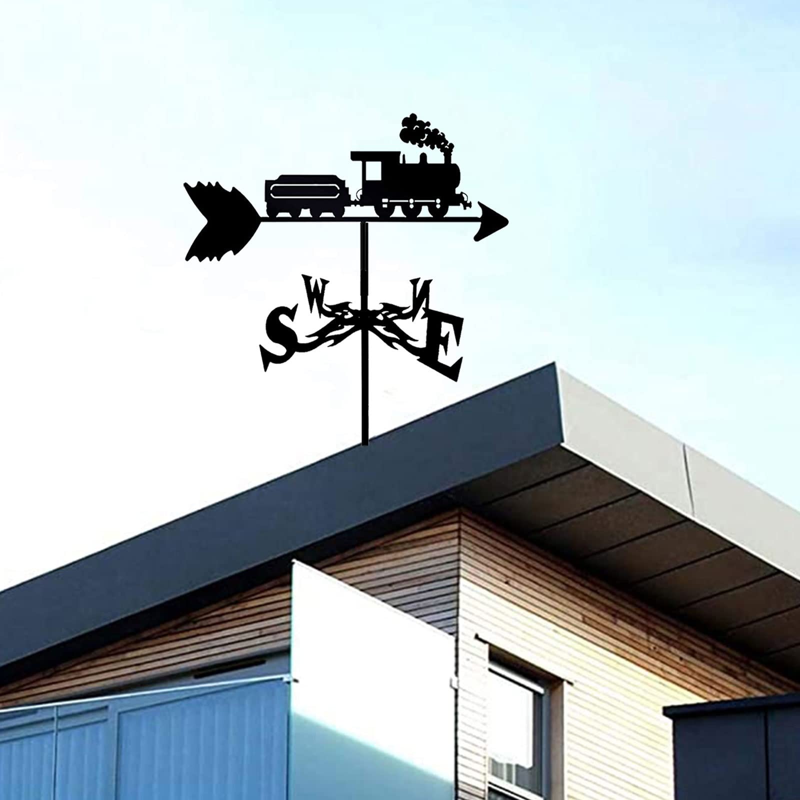 Veleta de metal para exterior con indicador de viento negro y silueta de tren para tejados