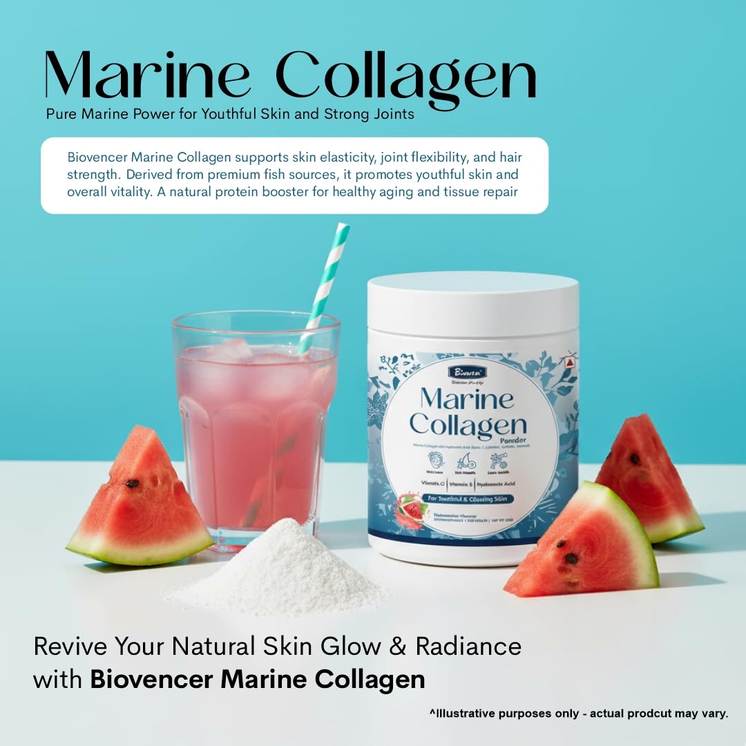 Biovencer Marine Collagen Powder 200g Jar – Hydrolyzed Marine Collagen Peptides for Skin Radiance, Glowing Skin, Strong Hair, Healthy Joints & Nails – Watermelon Flavour