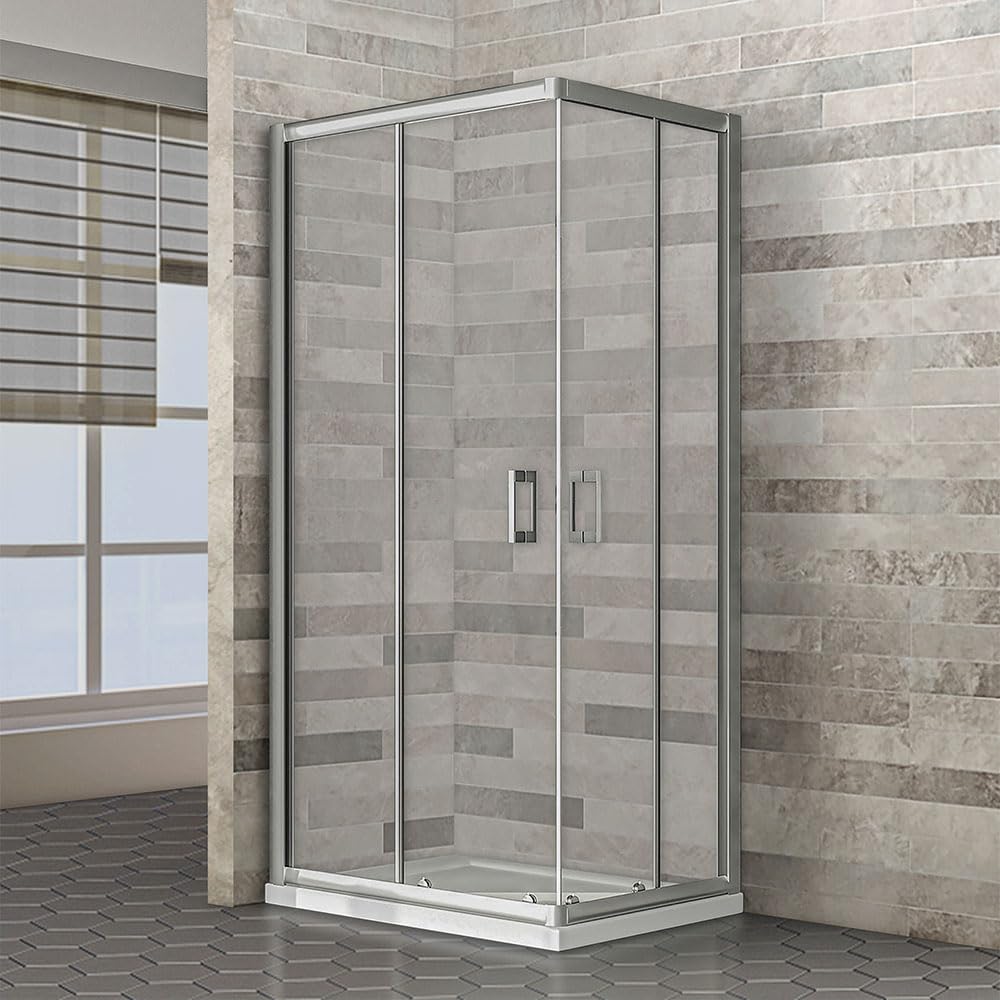 Box doccia angolare 80x80 trasparente H 185, doppio scorrevole con profilo cromato e installazione reversibile, GEO