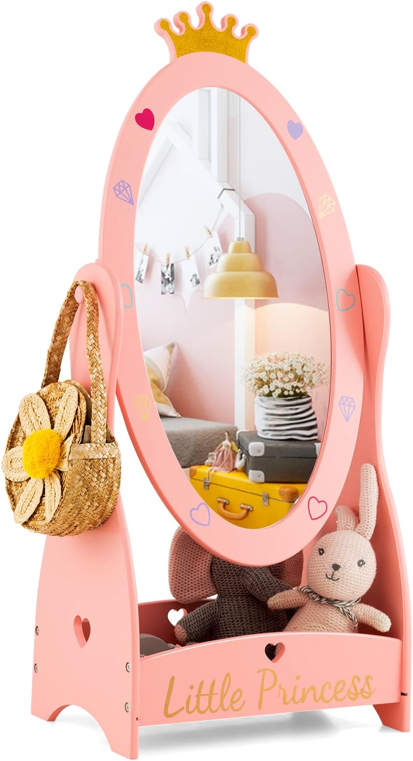Costzon Kids Full Length Mirror, Princess Floor Free Standing Mirror w/Storage Shelf, 360 Degree Rotatable Oval Dressing Mirror w/Cute Crown Pattern for Little Girls Bedroom, Playroom, Pink