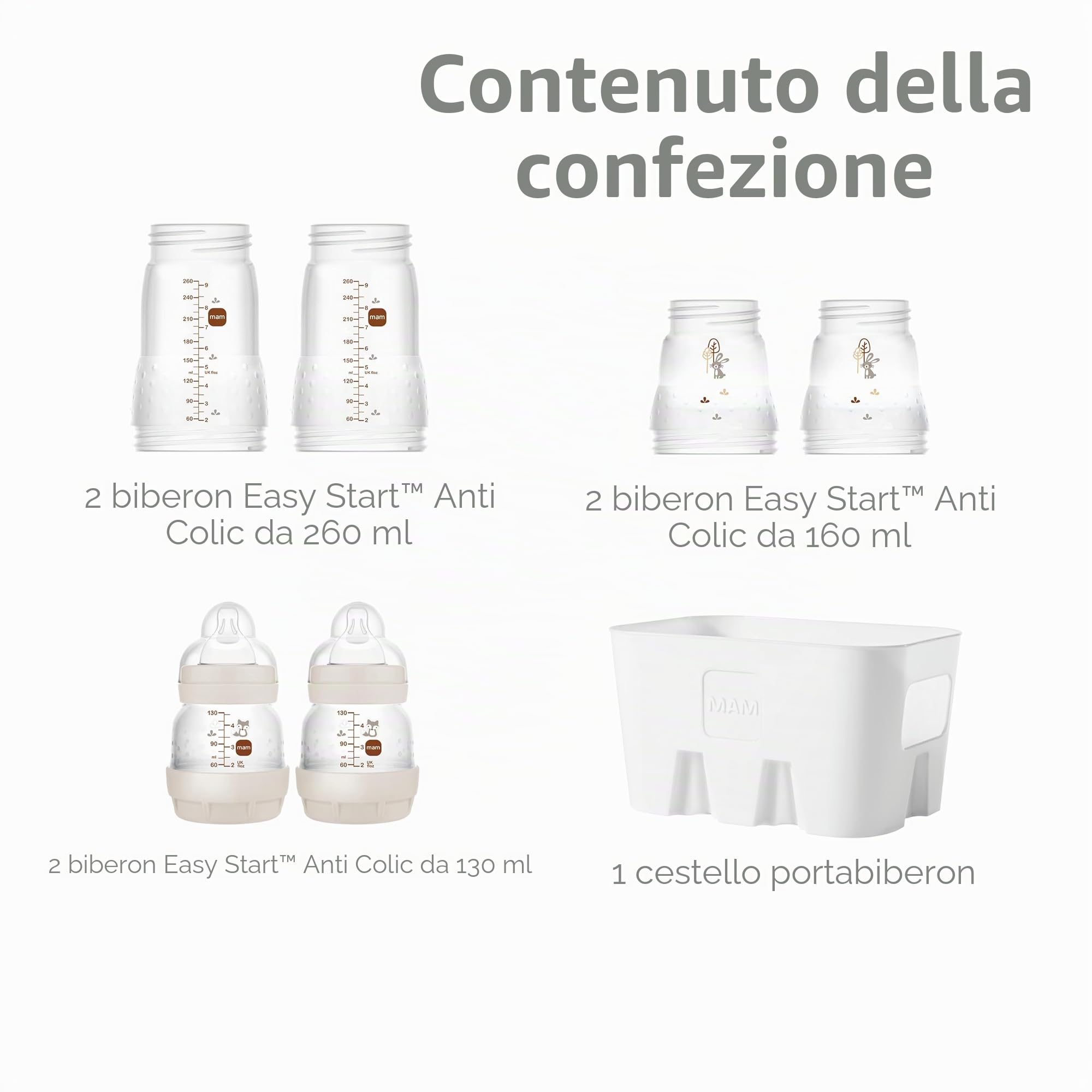 MAM Easy Start - Set di 6 biberon anti-coliche (2 x 130 ml, 160 ml, 260 ml) e cestino per biberon, colore: Beige