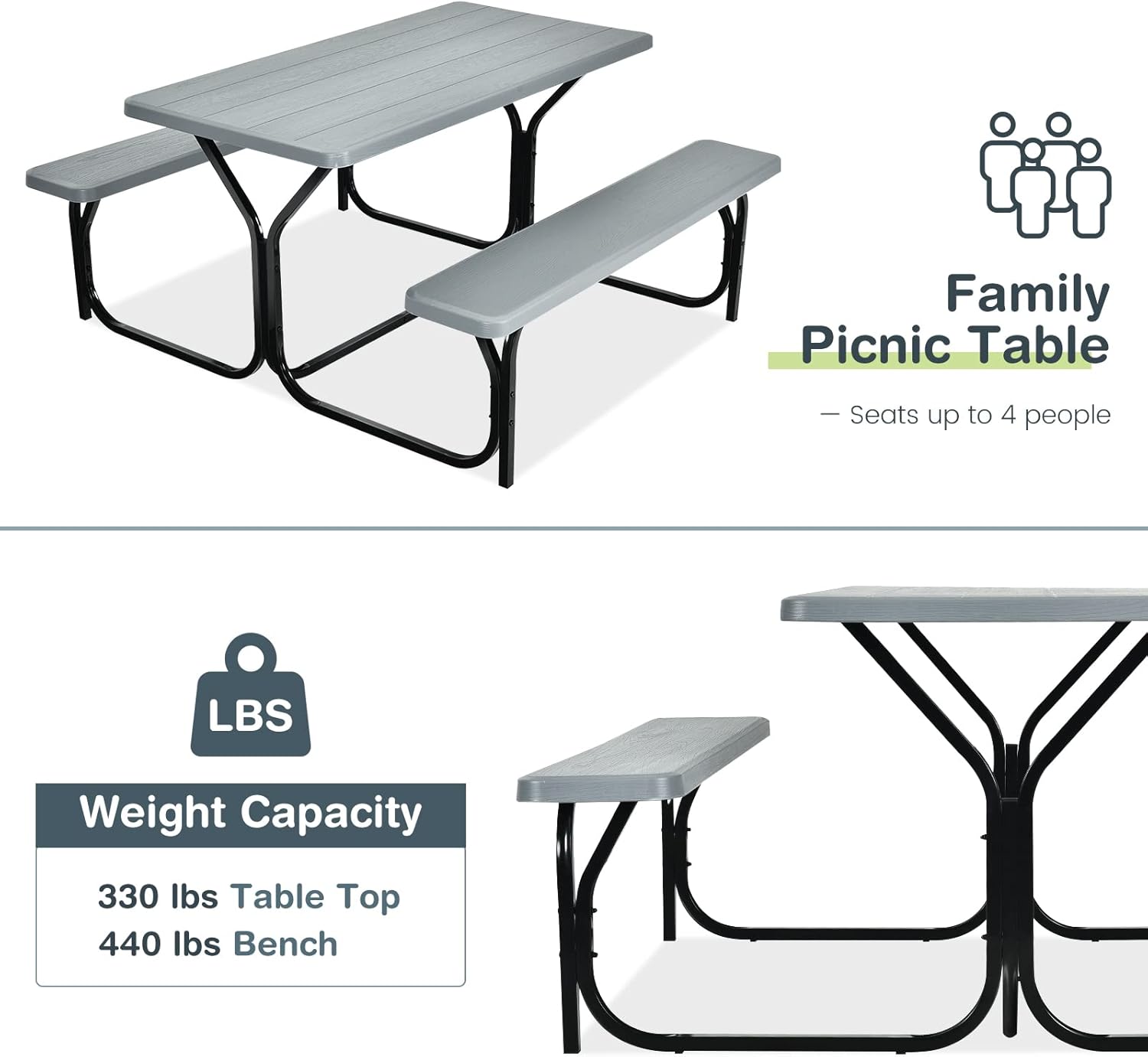 S AFSTAR Picnic Table Bench Set, 59” Expanded Rectangular Picnic Table, Outdoor Table and Bench with Steel Frame & Wood-Like Texture Tabletop, Camping Table Chair Set for Garden Lawn Deck (Gray)