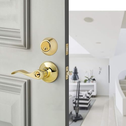 Miniatura 5 de Paquete combinado de 6, palancas de puerta de entrada frontal de latón pulido con cerrojo de un solo cilindro con llave igual, cerraduras de puerta