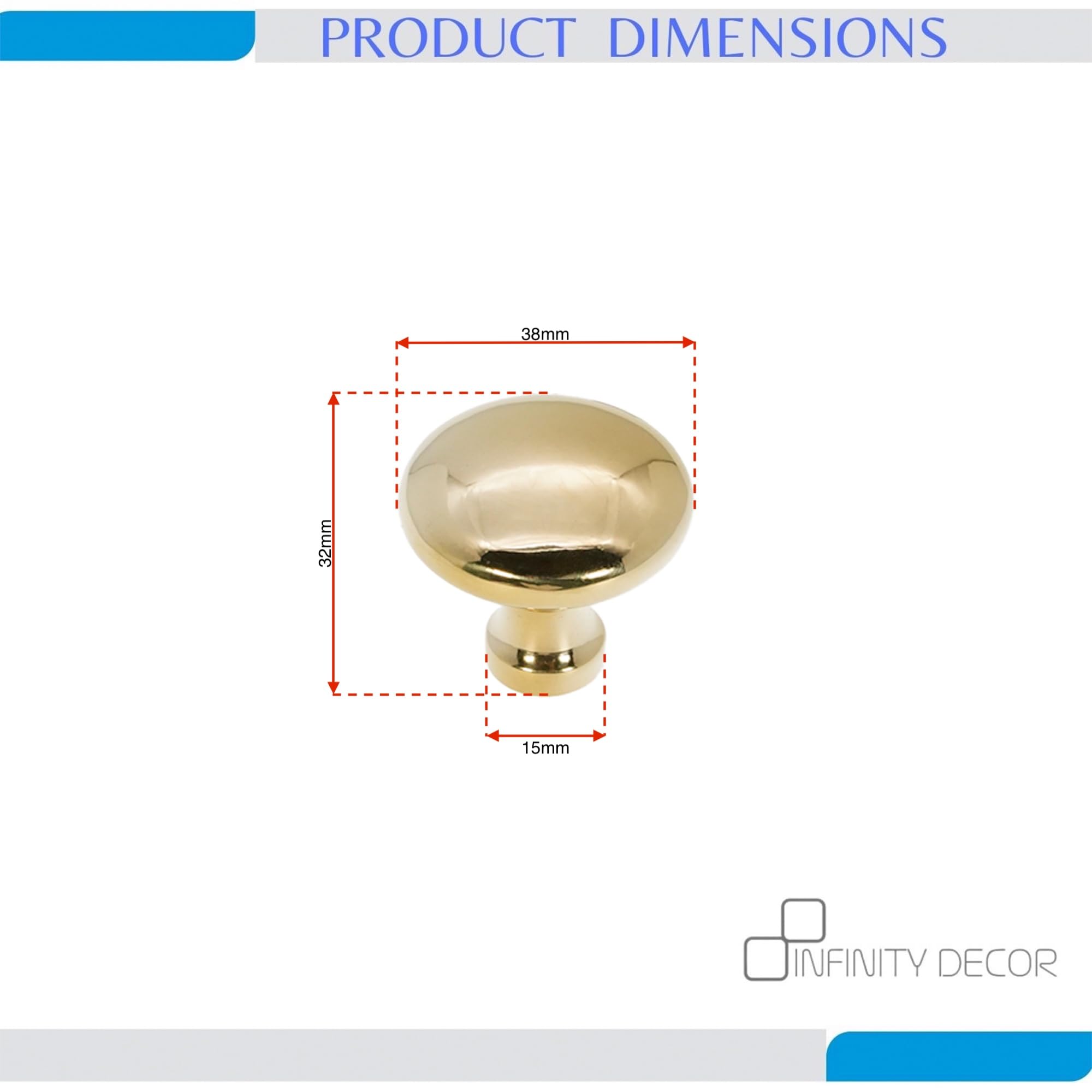 Infinity Decor Mushroom Shaped Solid Brass Round Cupboard Knob Polished Brass Pack of 4 Pull Handle 38mm - Image 3