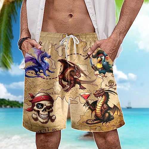 Dragon Mens Hawaiian Sport Shorts - Mythical Dragons Hawaiian Shorts for Men - Casual Drawstring Beachwear Shorts Series 222