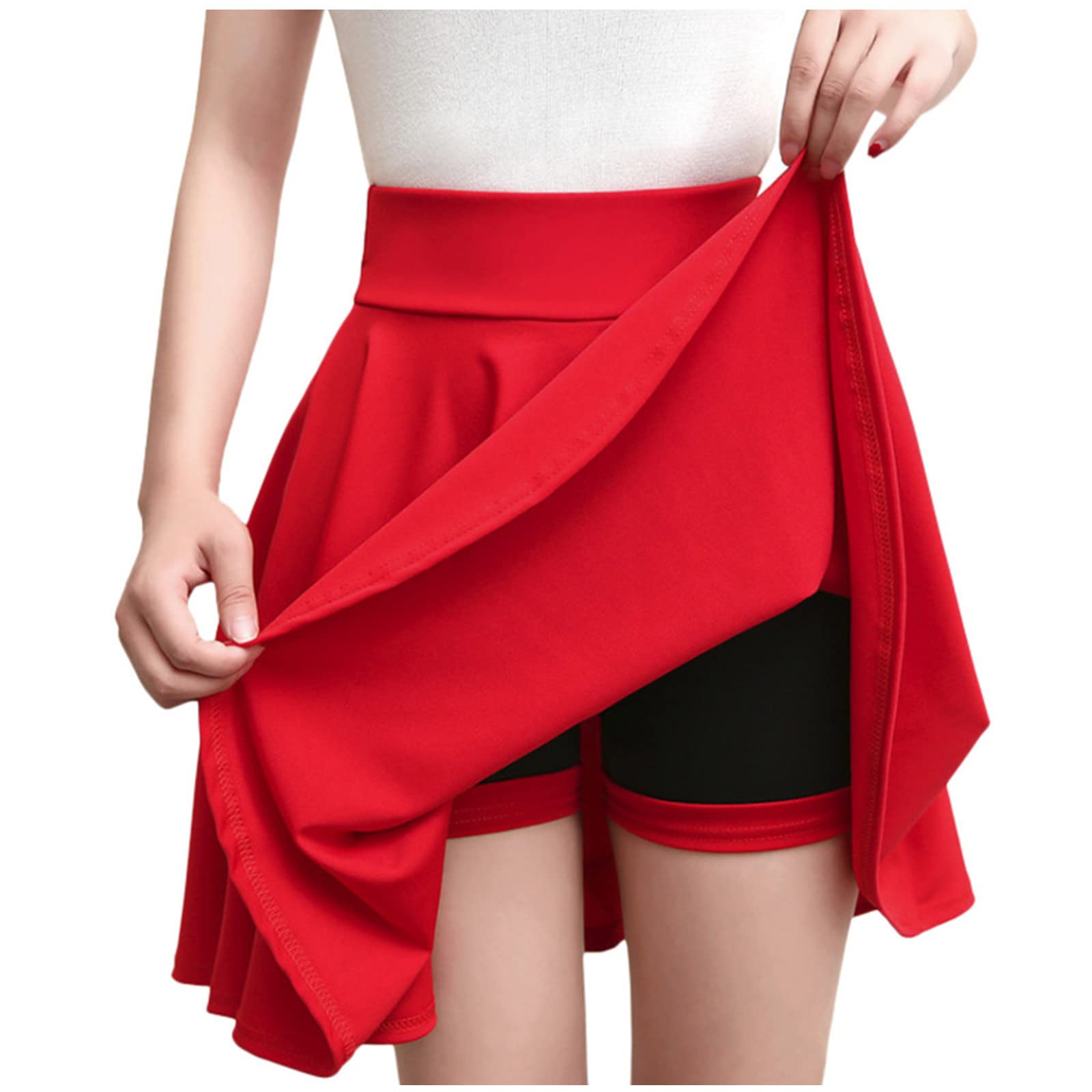 Rkaixuni Women's Red Pleated Mini Skirts With Shorts Underneath Casual Pull On Elastic Waist Stretchy Skort Preppy Skater Skirt