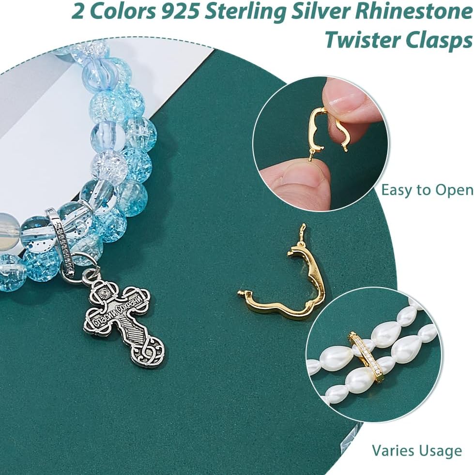 2pcs Necklace Shortener Clasp 925 Sterling Silver Enhancer Push Clasps Connector Peanut Pearl Click Clasp Connector with Rhinestone for Pearl Gemstone Bead Necklace Jewelry Making - Image 4