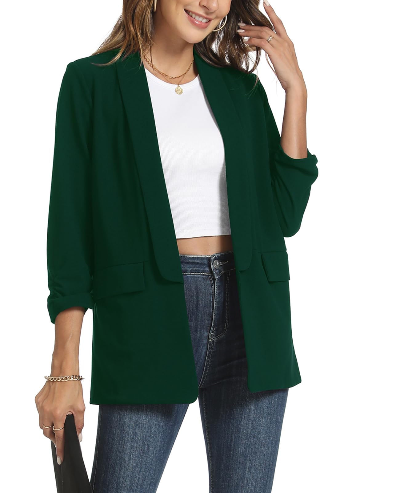 Giacche da donna casual increspate con maniche a 3/4, aperte sul davanti, per lavoro, ufficio, giacche con tasche