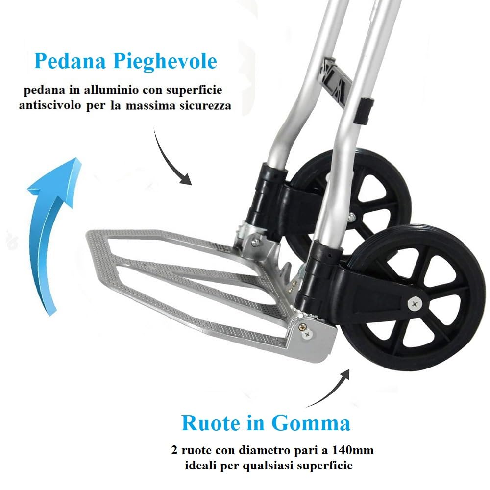 Paluplus Carrello Portapacchi Pieghevole Salvaspazio in ALLUMINIO con Portata 45 Kg, misura 38x34x96cm, Manico Telescopico e 2 Ruote in Gomma, Montacarichi Manuale per trasporto carichi pesanti -A125