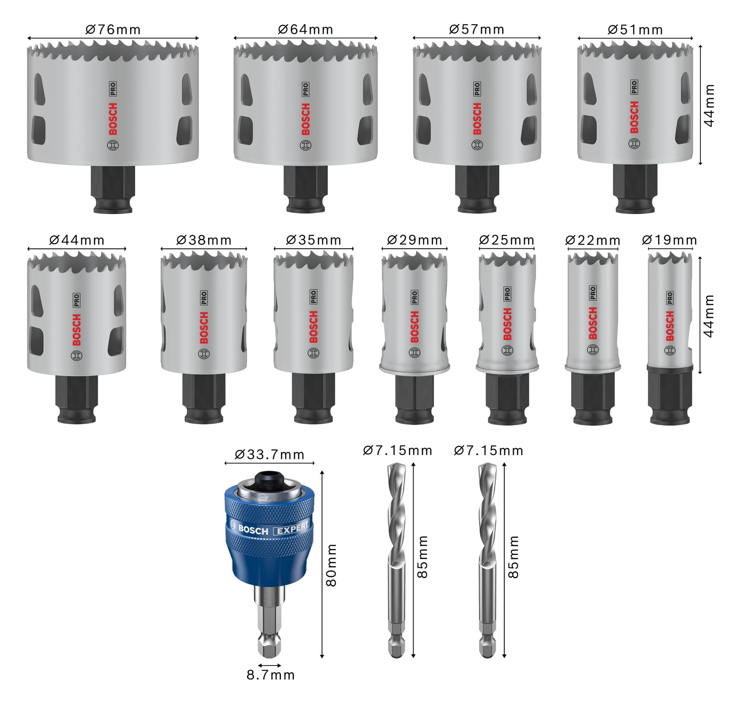 Bosch Pro Multi Material Power Change Plus - Set di 14 seghe a tazza per legno tenero, muro a secco, Ø 19 – 76 mm, accessori professionali, trapano/cacciavite)