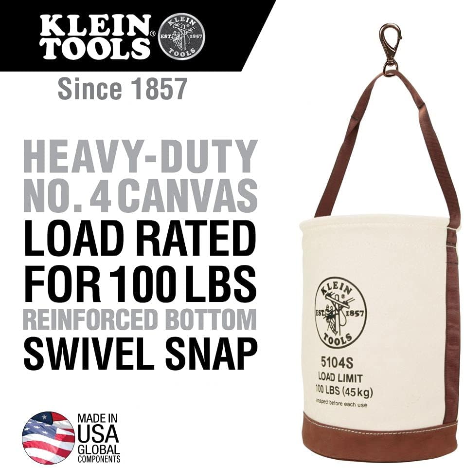 40% оƒƒ Dіѕсоunt Klein Tools 5104S Canvas Bucket, Tool Bucket Made with No. 4 Canvas and Leather Bottom, with Swivel Snap Hook Included, 100-Pound Load Rated