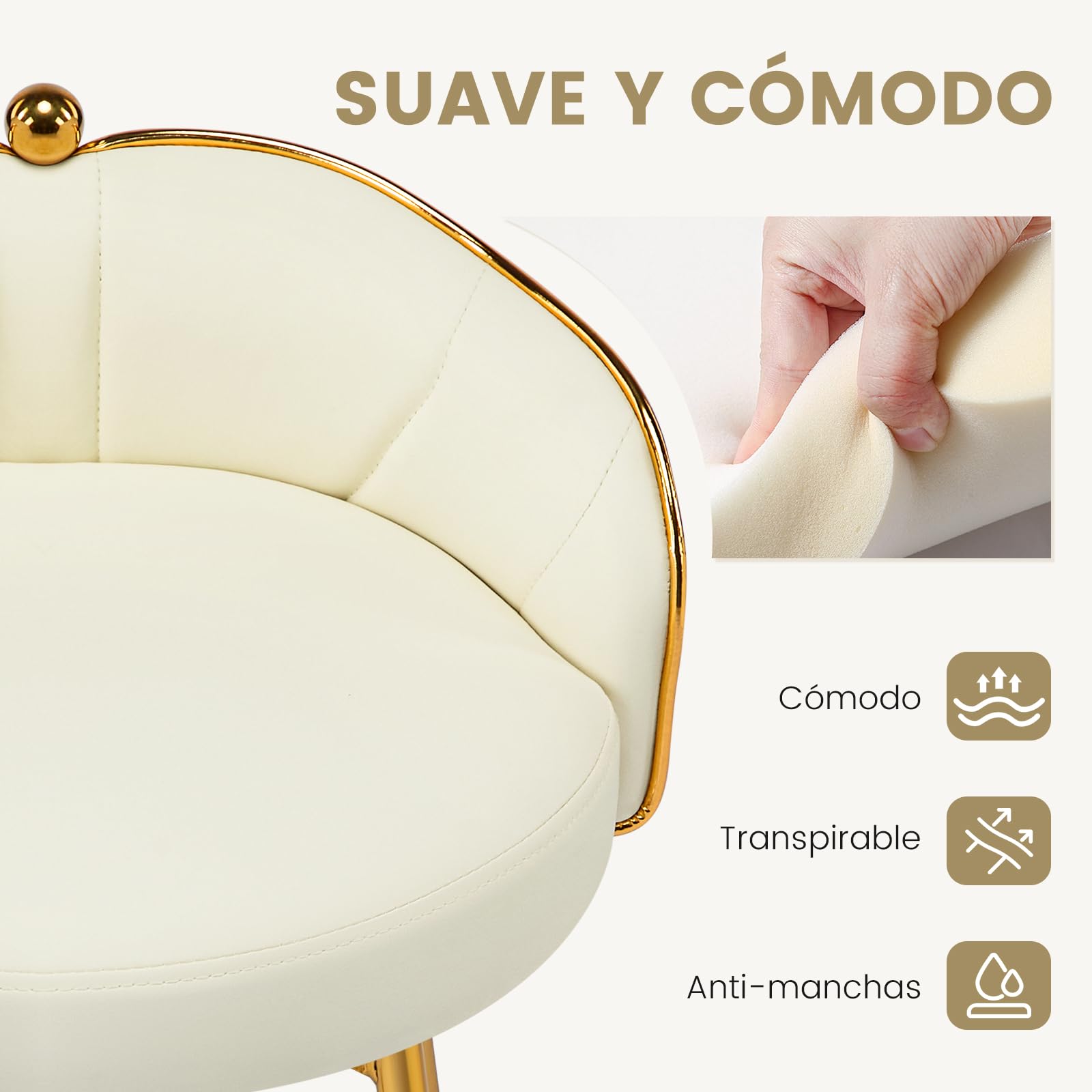 Tabouret Coiffeuse Design Coquillage Avec Pieds Dorés - Rembourré, Charge 150 Kg, Blanc, Pour Chambre - 4